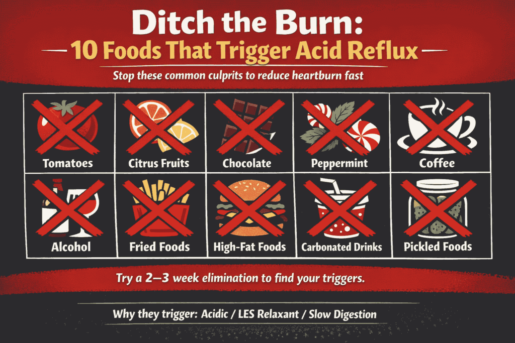 Infographic listing 10 foods to avoid on an acid reflux diet plan.