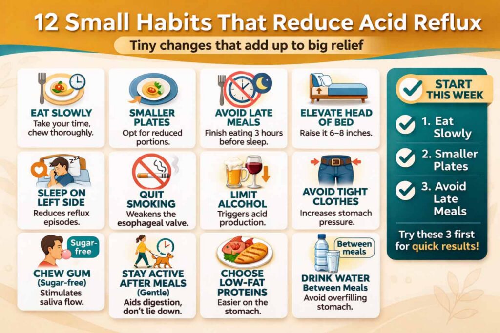 Checklist infographic showing 12 small habits that support your acid reflux diet plan and help reduce symptoms.
