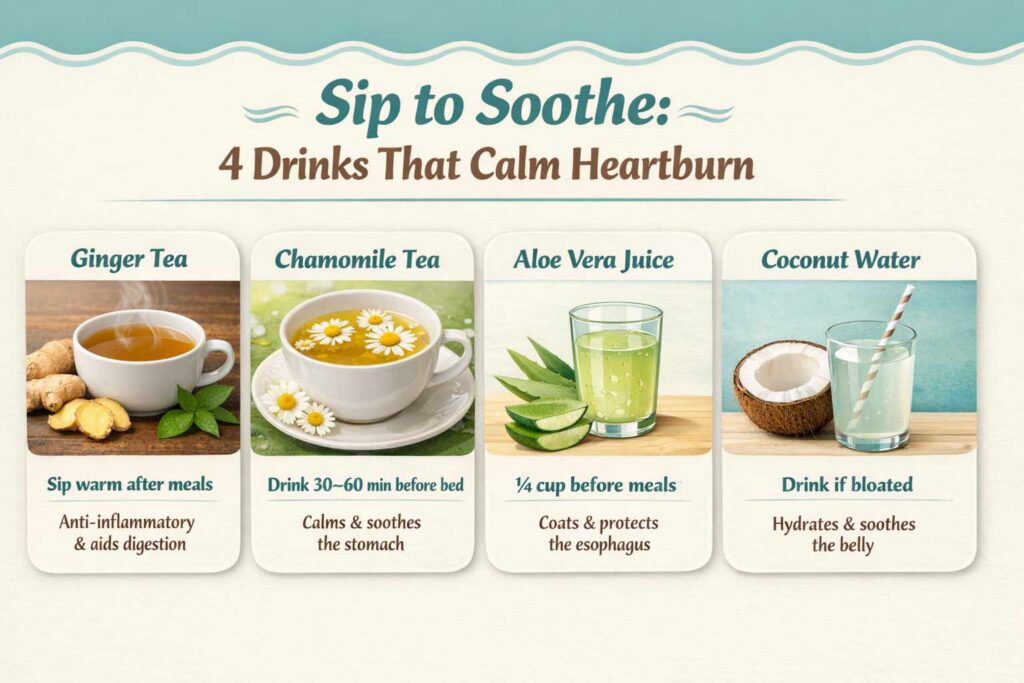 Infographic showing four drinks to include in your acid reflux diet plan such as ginger tea, chamomile tea, aloe vera juice and coconut water.