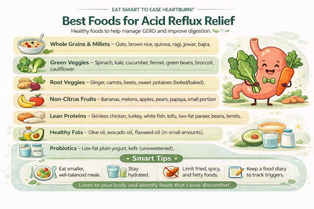Infographic listing healthy foods to include in your acid reflux diet plan.