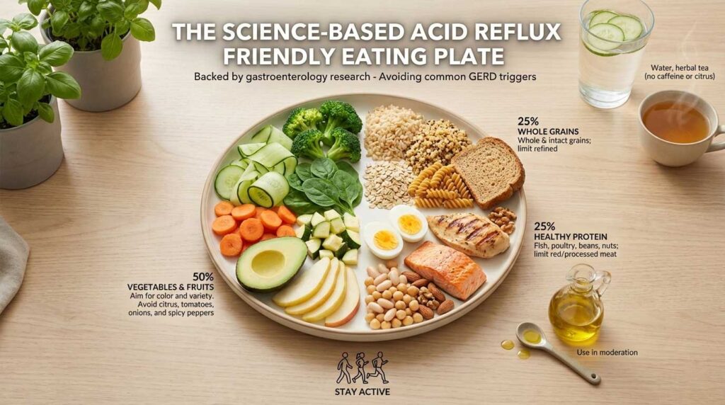 A visual representation of the perfect plate for your acid reflux diet plan.
